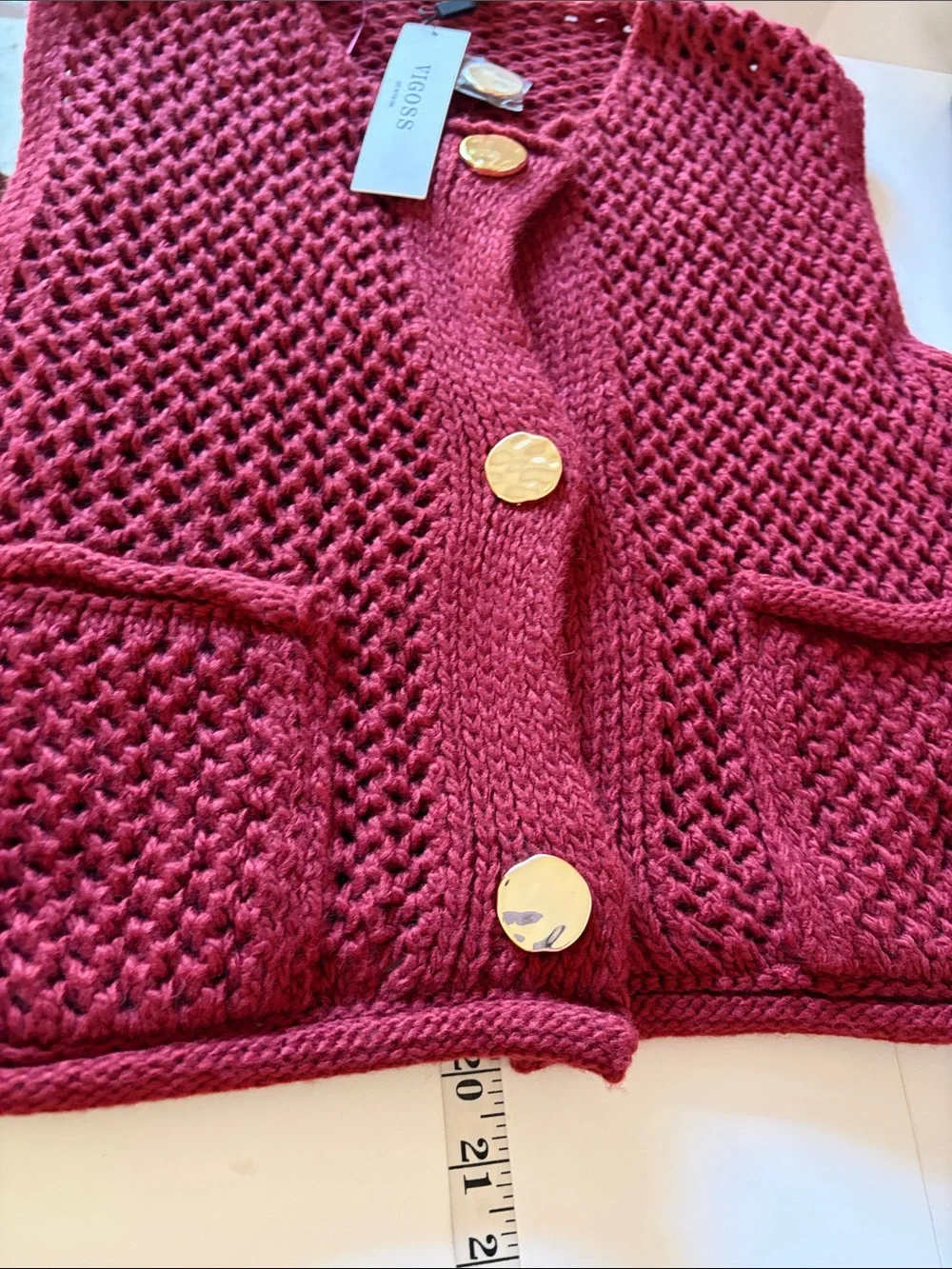 NWT Vigoss Office Career Deep Red Crochet Knit Button Vest Gold Buttons Large